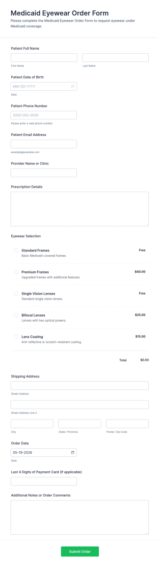 Medicaid Eyewear Order Form Template