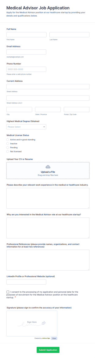 Medical Advisor Job Application Form Template