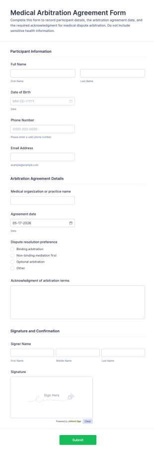 Medical Arbitration Agreement Form Template