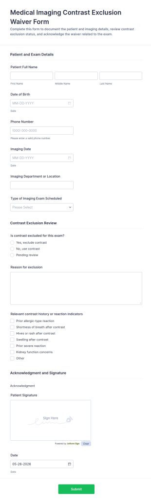 Medical Imaging Contrast Exclusion Waiver Form Template