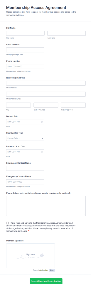 Membership Access Agreement Form Template