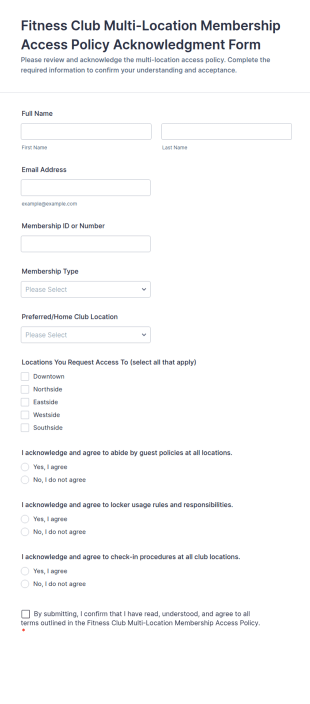 Multi Location Fitness Club Membership Access Policy Acknowledgment Form Template