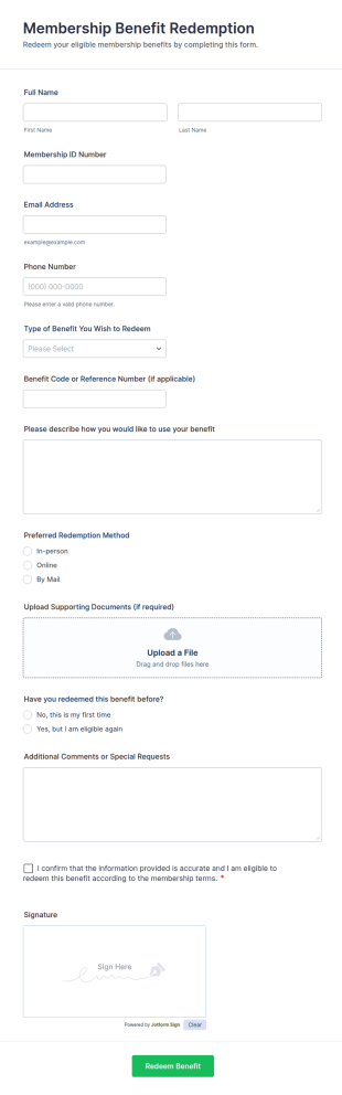 Membership Benefit Redemption Form Template