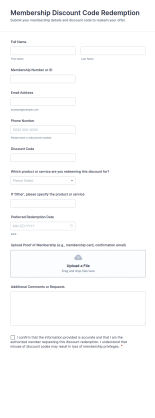 Membership Discount Code Redemption Form Template