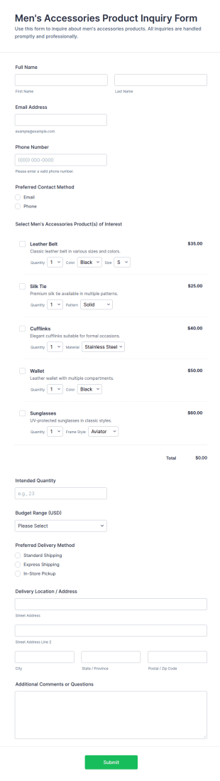 Men's Accessories Product Inquiry Form Template