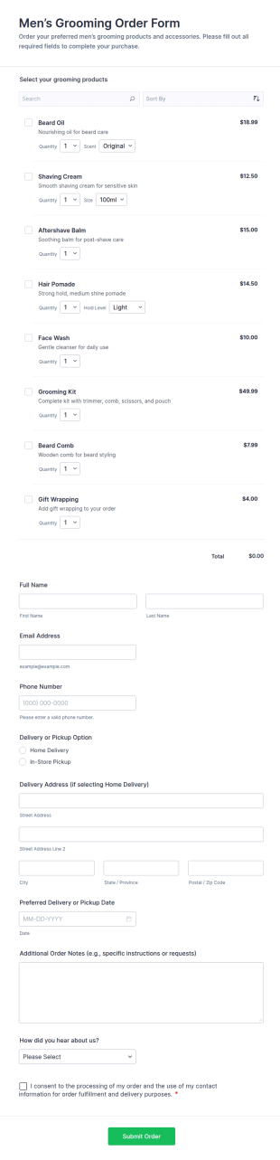 Men’s Grooming Order Form Template