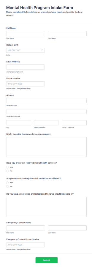 Mental Health Program Intake Form Template