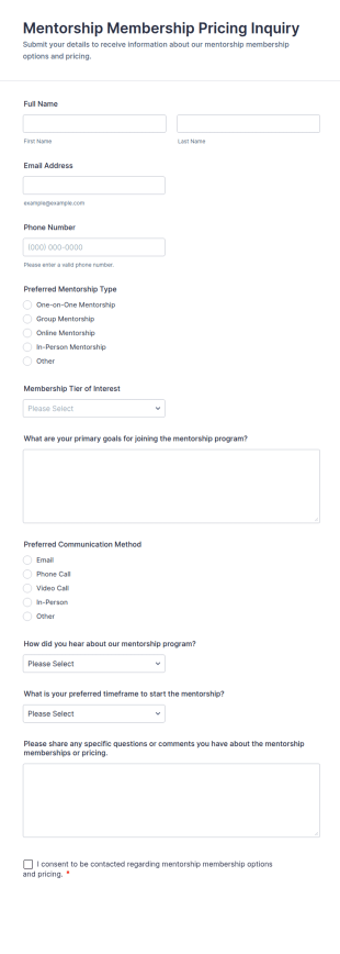Mentorship Membership Pricing Inquiry Form Template