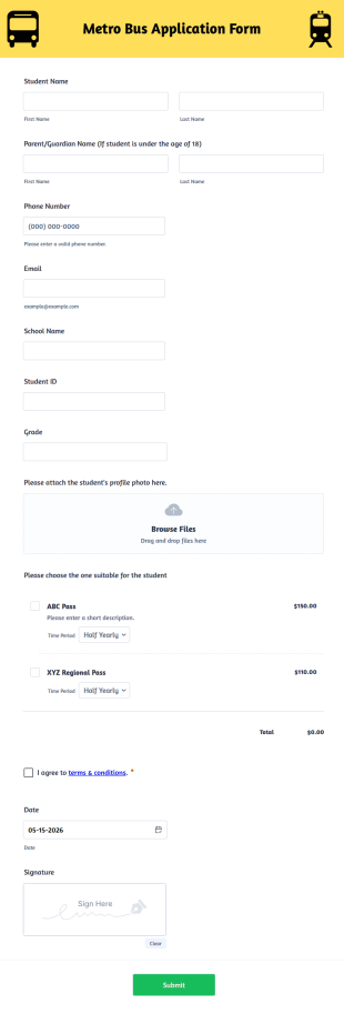 Metro Bus Application Form Template