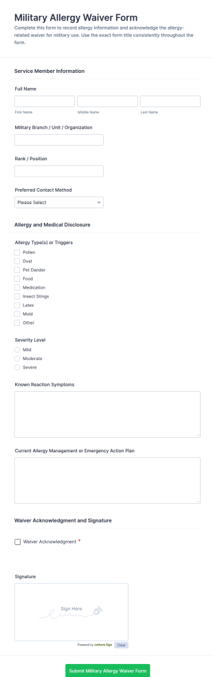 Military Allergy Waiver Form Template