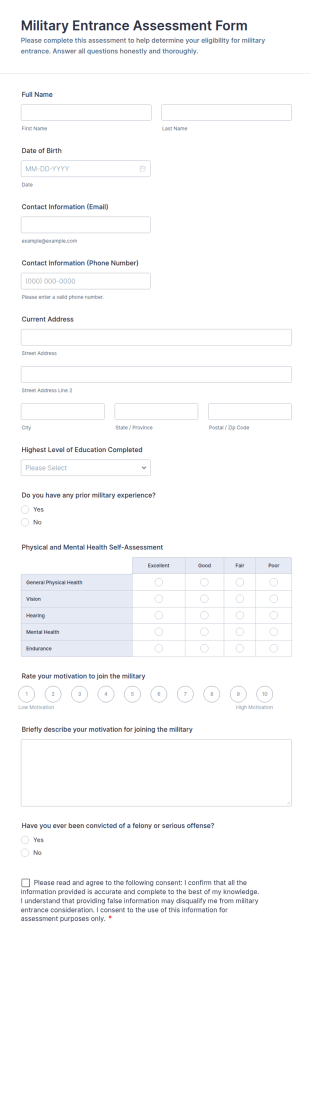Military Entrance Assessment Form Template