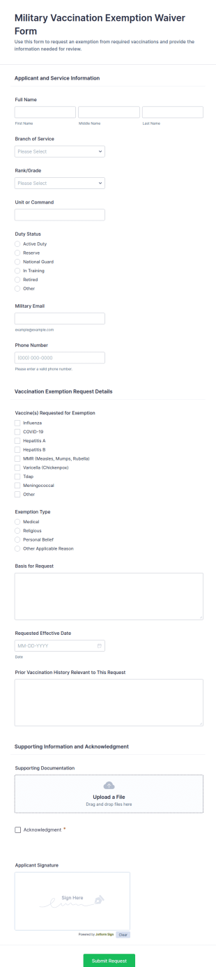 Military Vaccination Exemption Waiver Form Template