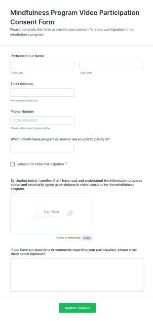 Mindfulness Program Video Participation Consent Form Template