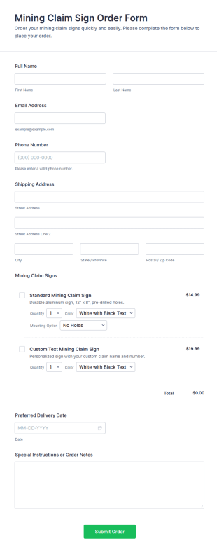 Mining Claim Sign Order Form Template
