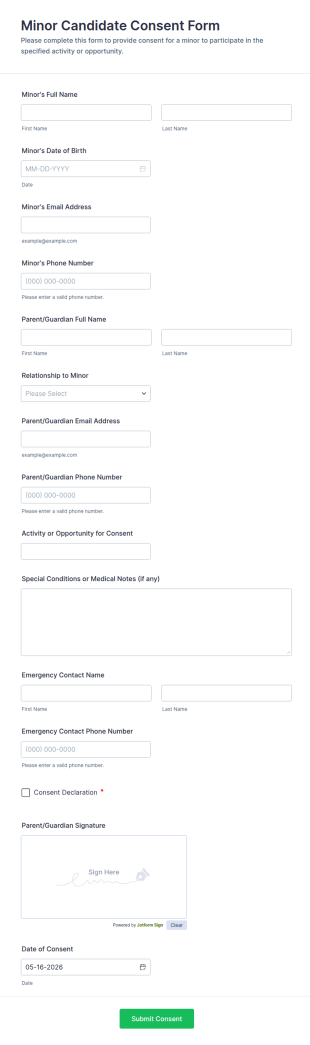 Minor Candidate Consent Form Template