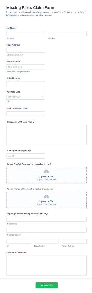 Missing Parts Claim Form Template