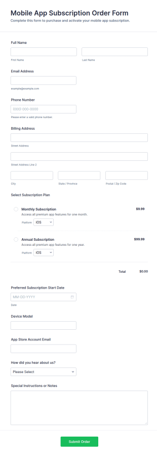Mobile App Subscription Order Form Template