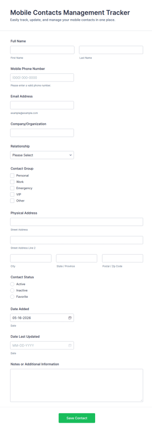 Mobile Contacts Management Tracker Form Template