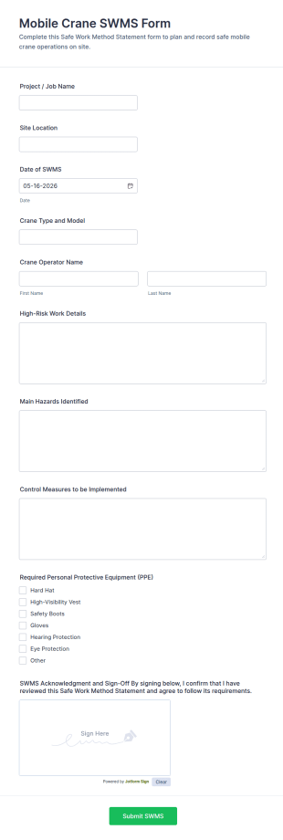 Mobile Crane SWMS Form Template