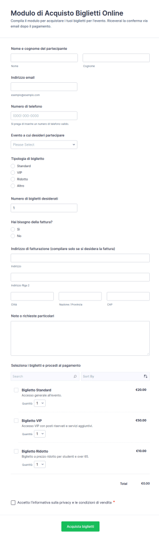 Modulo Di Acquisto Biglietti Online