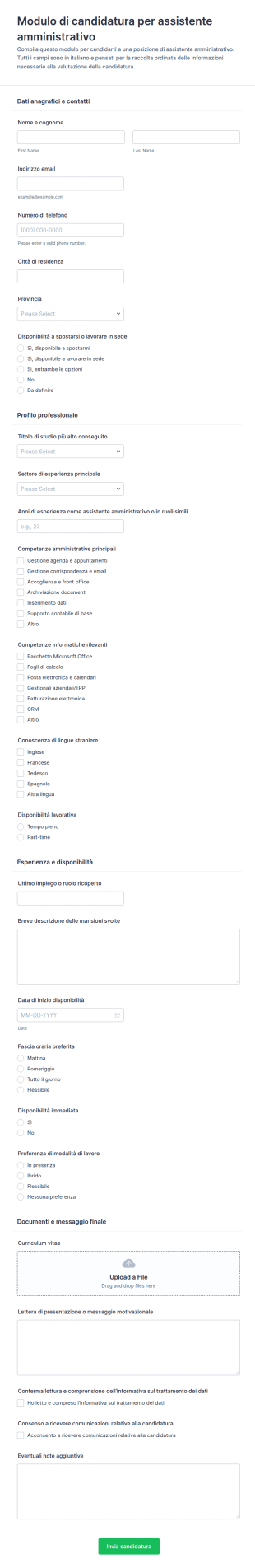Modulo Di Candidatura Per Assistente Amministrativo
