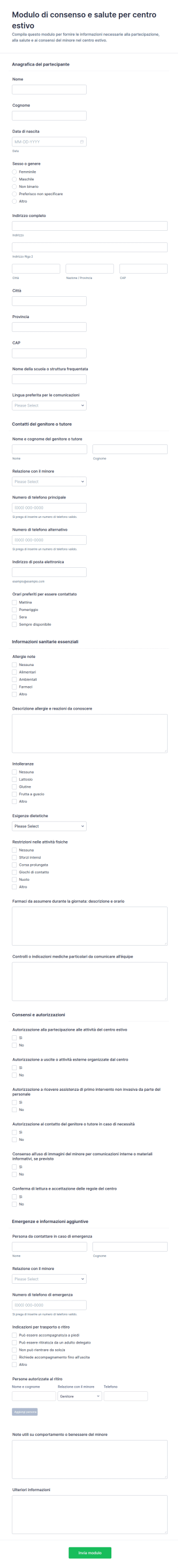 Modulo Di Consenso E Salute Per Campo Estivo
