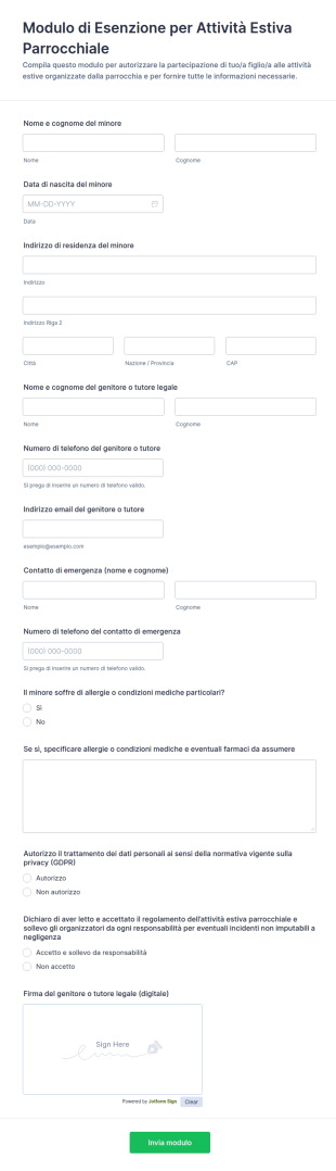 Modulo Di Esenzione Per Attività Estiva Parrocchiale