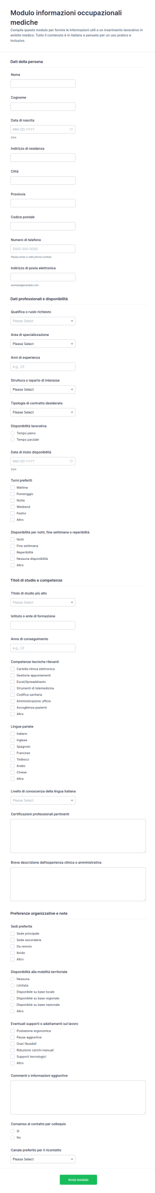 Modulo Di Informazioni Per L'Impiego Medico