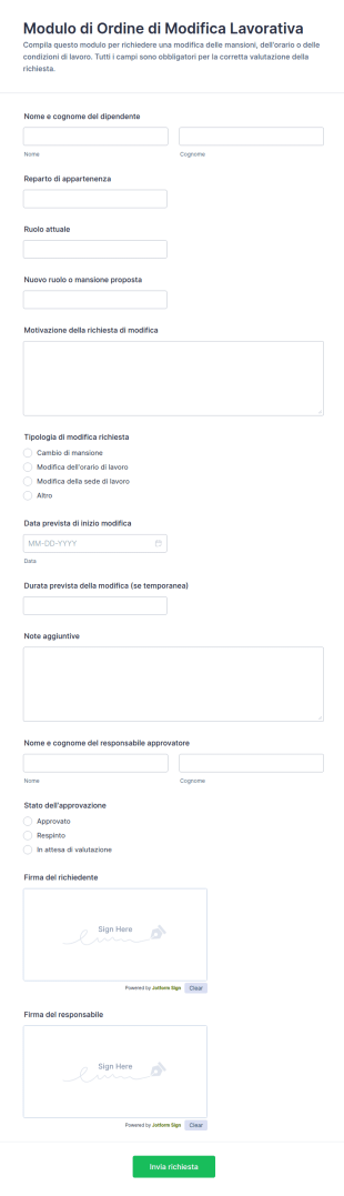 Modulo Di Ordine Di Modifica Lavorativa
