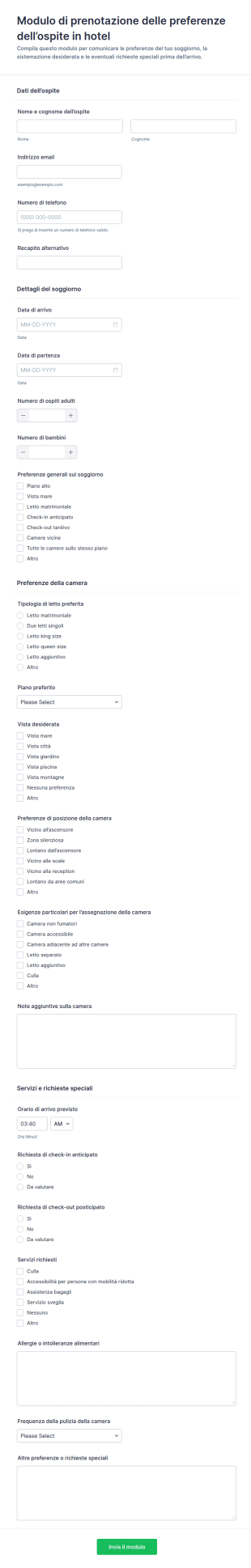 Modulo Di Preferenze Degli Ospiti Dell'Hotel