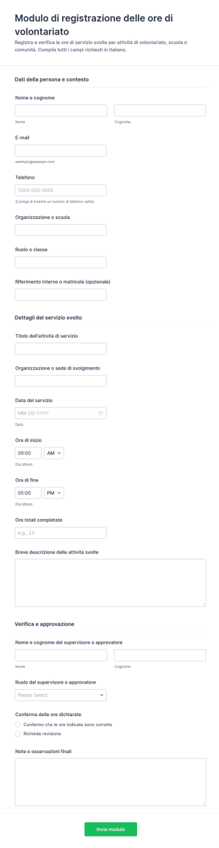 Modulo Di Registrazione Ore Di Servizio Comunitario