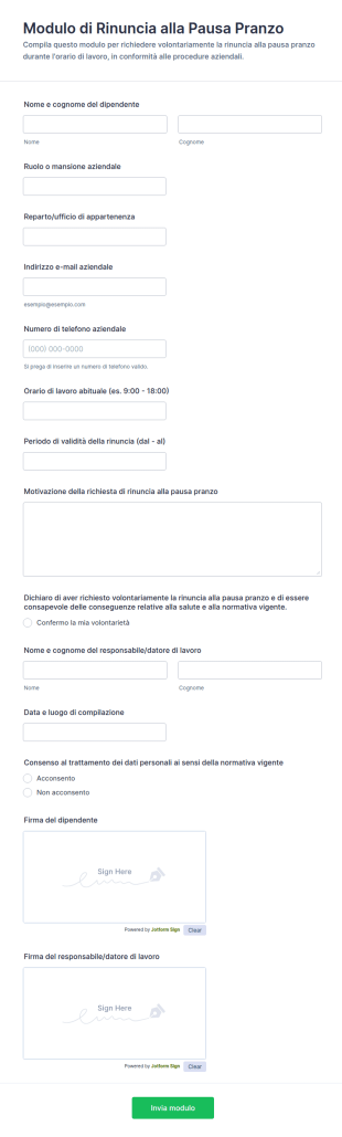 Modulo Di Rinuncia Alla Pausa Pranzo