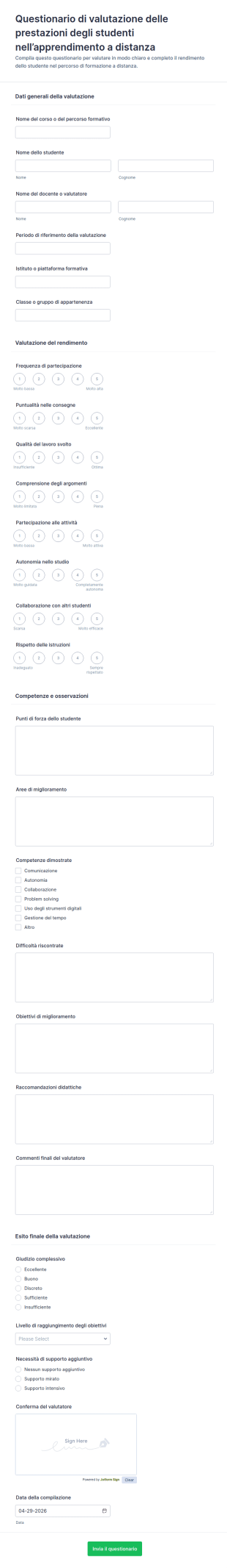 Modulo Di Valutazione Delle Prestazioni Degli Studenti In E Learning