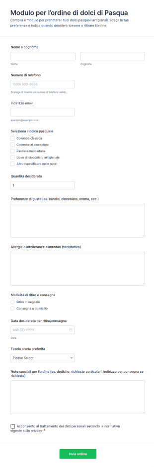 Modulo Ordinazione Dolci Di Pasqua