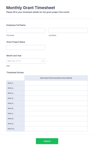 Monthly Grant Timesheet Form Template