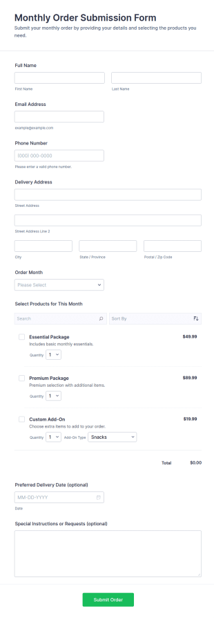 Monthly Order Submission Form Template