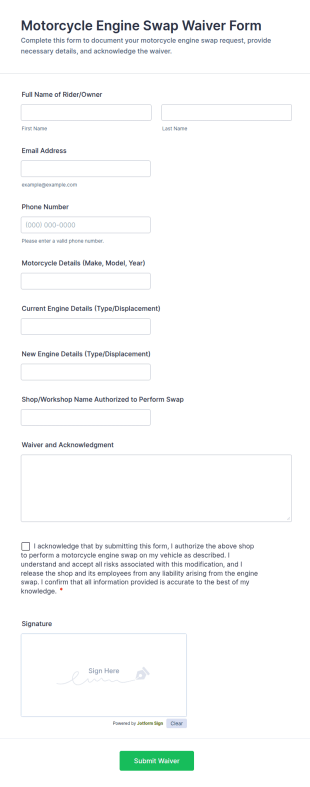 Motorcycle Engine Swap Waiver Form Template