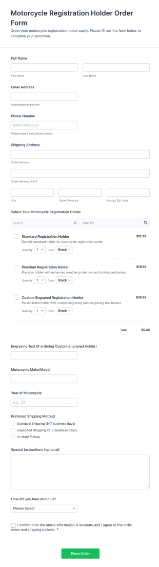 Motorcycle Registration Holder Order Form Template