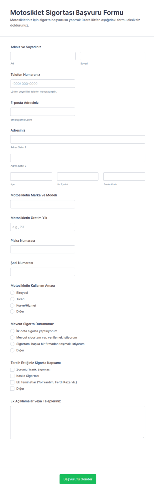 Motosiklet Sigortası Başvuru Form Şablonu