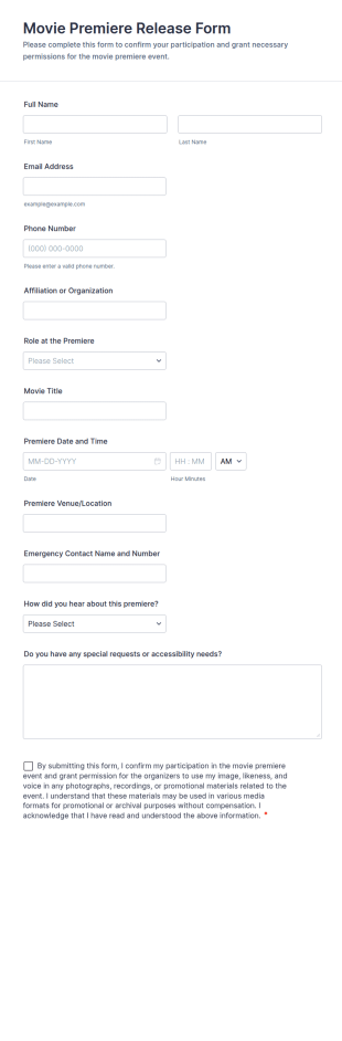 Movie Premiere Release Form Template