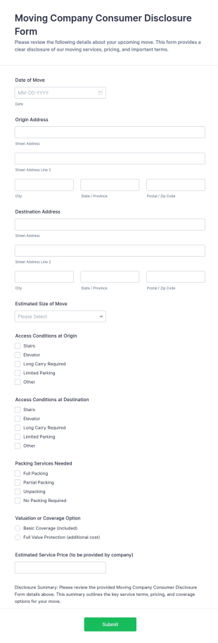 Moving Company Consumer Disclosure Form Template