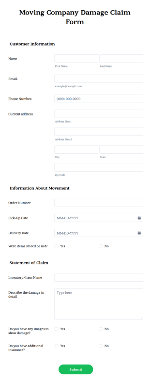 Moving Company Damage Claim Form Template