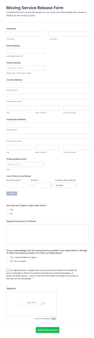 Moving Service Release Form Template