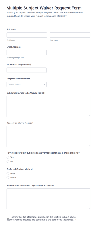 Multiple Subject Waiver Request Form Template