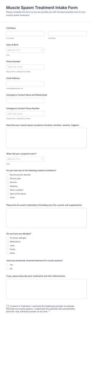 Muscle Spasm Treatment Intake Form Template