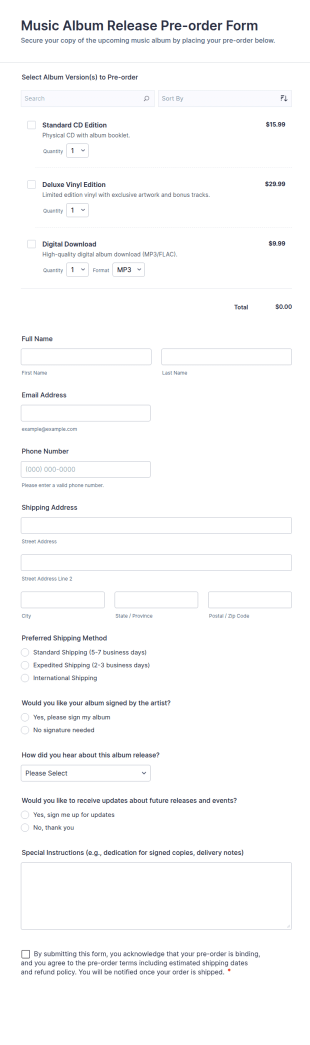 Music Album Release Pre Order Form Template
