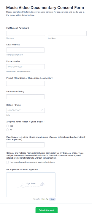 Music Video Documentary Consent Form Template