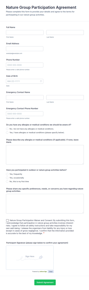 Nature Group Participation Agreement Form Template