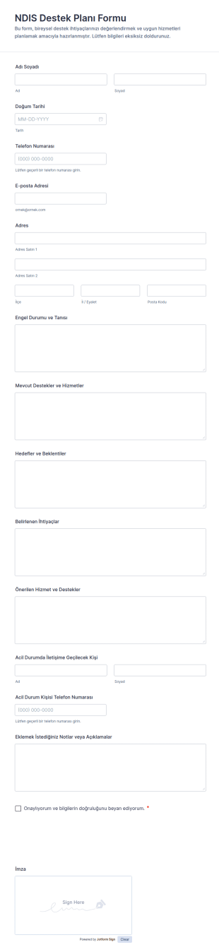 NDIS Destek Planı Form Şablonu