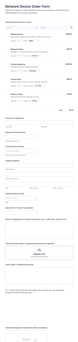 Network Device Order Form Template